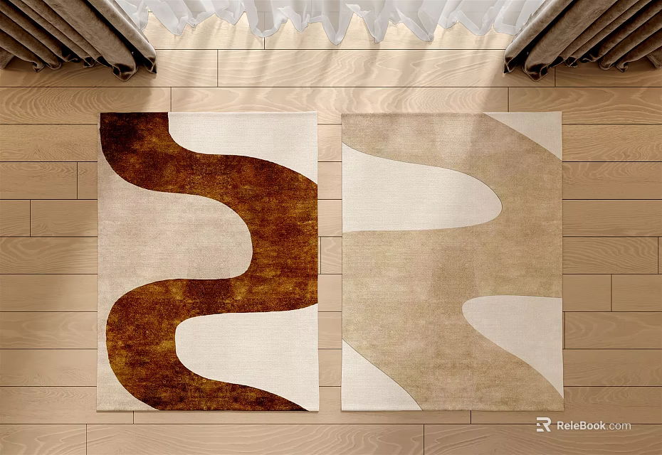 Modern Square Rugs With Wavy Patterns In Brown Beige And White On Wooden Floor 3d model 