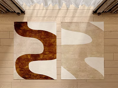 Modern Square Rugs With Wavy Patterns In Brown Beige And White On Wooden Floor 3d model