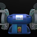 Blue Bench Grinder With Two Grinding Wheels And Red Control Button