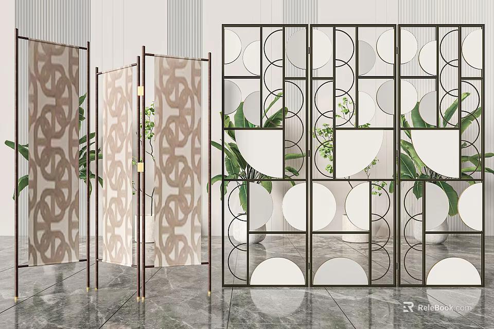 Modern Geometric Room Divider With Circular Patterns Metal Frame And Plants 3d model