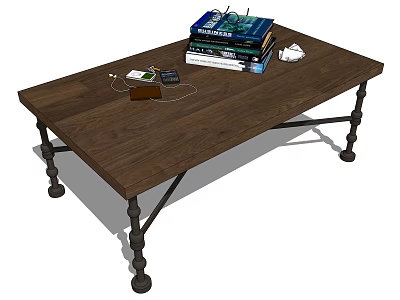 Wooden Dining Table With Metal Legs Books Headphones And Small Device On Top 3d model
