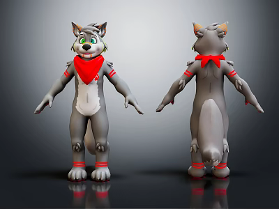 3D Wolf Character Front Back Views with Gray Fur Red Bandana White Belly Green Eyes 3d model