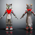3D Wolf Character Front Back Views with Gray Fur Red Bandana White Belly Green Eyes