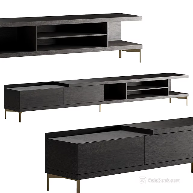 Modern Dark Wood TV Stand With Drawers Open Shelves And Metal Legs 3d model 