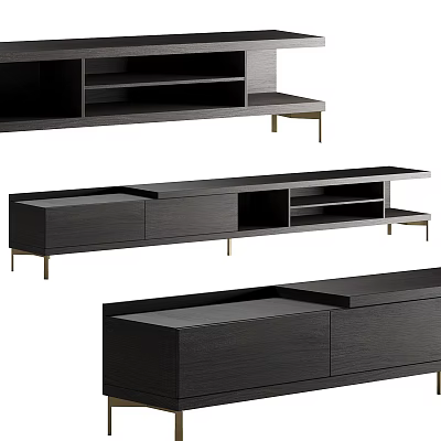 Modern Dark Wood TV Stand With Drawers Open Shelves And Metal Legs 3d model