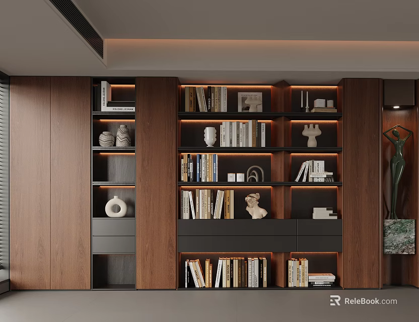 Modern Wooden Bookcase Interior With Multiple Shelves And Decorative Items 3d model