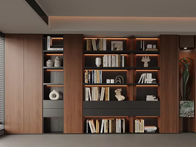 Modern Wooden Bookcase Interior With Multiple Shelves And Decorative Items 3d model