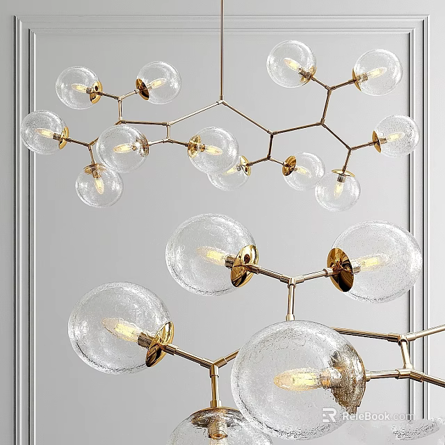 Modern Glass Ball Chandelier With Gold Metal Branches And Illuminated Light Bulbs 3d model 