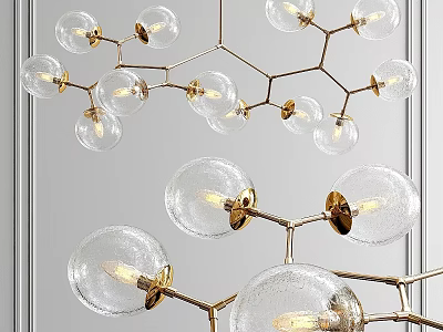 Modern Glass Ball Chandelier With Gold Metal Branches And Illuminated Light Bulbs 3d model