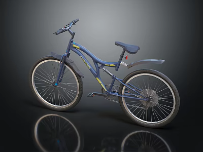 Blue Mountain Bicycle With Yellow Stripe Design And Large Wheels On Dark Background 3d model