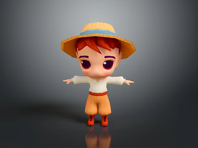 Cute 3D Boy Character With Straw Hat Red Hair White Shirt And Outstretched Arms 3d model