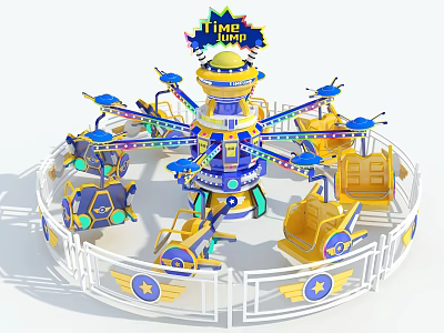 TIME JUMP Themed Rotating Amusement Ride With Blue Yellow Carriages Top Sign And Enclosure 3d model