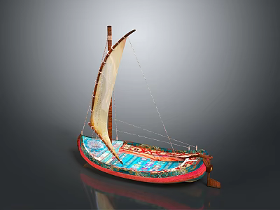 Colorful Vintage Sailing Boat With Beige Sail Painted Hull And Reflection 3d model