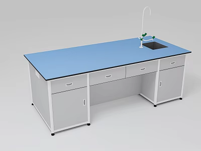 Laboratory Workbench With Blue Countertop White Cabinets Sink And Faucet 3d model