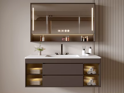 Modern Bathroom Vanity With LED Mirror Double Sink Cabinet And Open Shelves 3d model