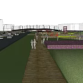 Scenic Park Pathway With Lush Trees Purple Flower Beds And People Walking Near Red Structures