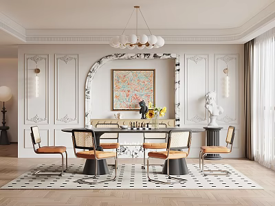 Elegant Restaurant Interior With Round Dining Table Upholstered Chairs And Hanging Chandelier 3d model