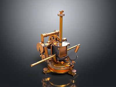 Golden Vintage Mechanical Device With Cylindrical Body Levers And Wheels On Dark Background 3d model