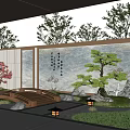 Traditional Courtyard Garden With Wooden Bridge Pine Trees Moon Gate And Stone Lanterns
