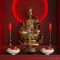 Red And White Buddhist Shrine Cabinet With Buddha Statue Candlesticks In Modern Interior Design