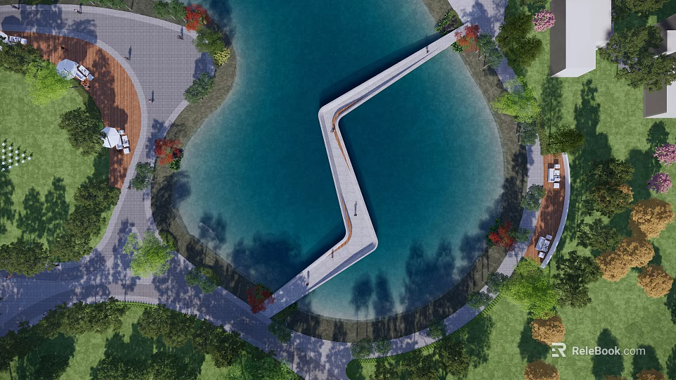 Curved Roadway Walkway Over Water With Surrounding Greenery And Rest Areas 3d model 