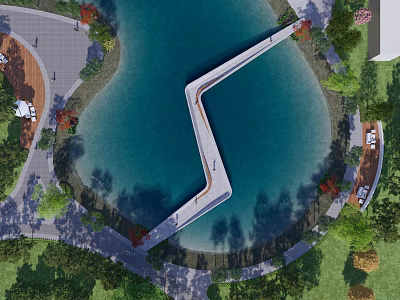 Curved Roadway Walkway Over Water With Surrounding Greenery And Rest Areas 3d model