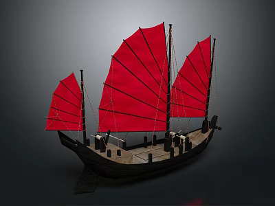 Traditional Chinese Junk Boat With Red Sails Black Hull And Wooden Deck 3d model