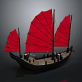 Traditional Chinese Junk Boat With Red Sails Black Hull And Wooden Deck