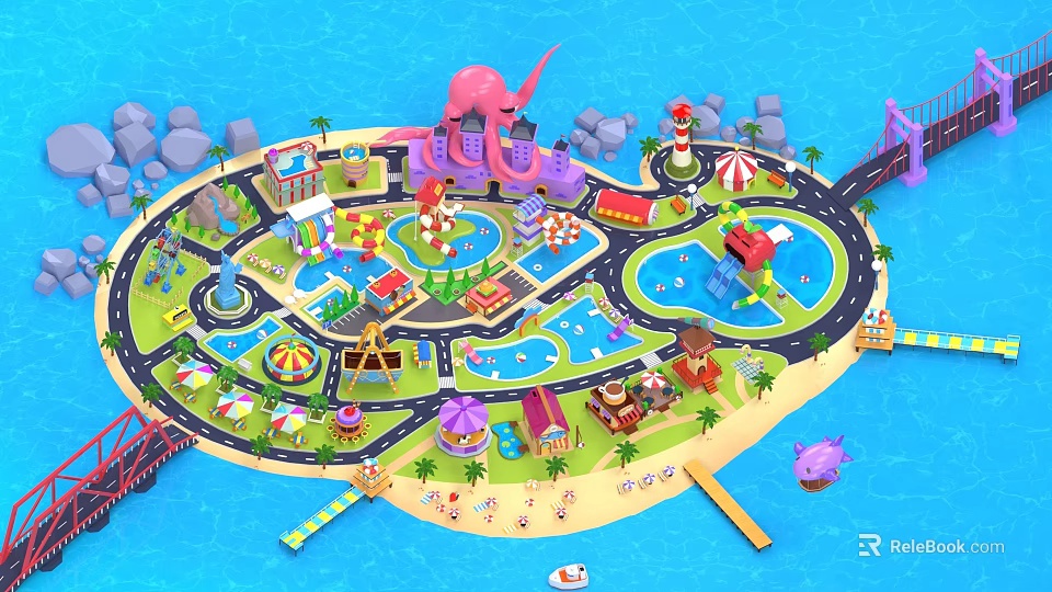 Colorful Garden Landscape Design for Amusement Park with Ponds Rides Buildings and Beach 3d model 