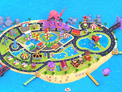 Colorful Garden Landscape Design for Amusement Park with Ponds Rides Buildings and Beach 3d model
