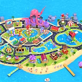 Colorful Garden Landscape Design for Amusement Park with Ponds Rides Buildings and Beach