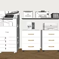 Office Equipment Setup With Canon Multifunction Printers White Cabinets And Storage Basket 3d model