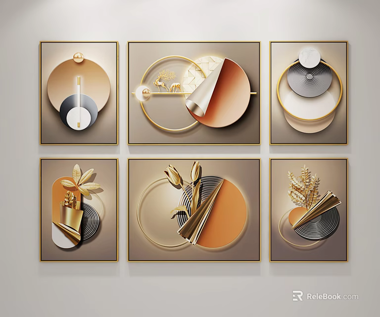 Modern Geometric Decorative Paintings With Gold Elements And Plant Motifs 3d model 