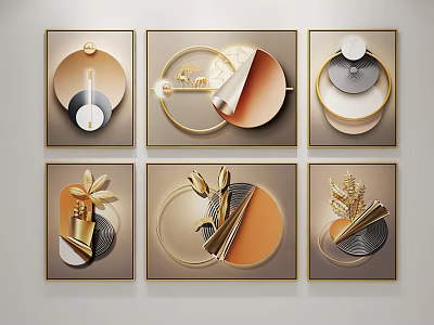 Modern Geometric Decorative Paintings With Gold Elements And Plant Motifs 3d model
