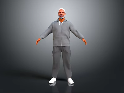 3D Male Character Model Standing In Gray Hoodie Sweatpants With White Hair 3d model
