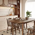Modern Wooden Dining Table And Chairs Set In Kitchen With Tile Wall And Cabinets