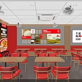 Chinese Fast Food Restaurant Interior With Red Tables Chairs Open Counter And Menu Displays