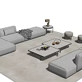 Modern Light Gray Sofa Coffee Table Set With Stools Side Table Pillows And Throw Blanket 3d model