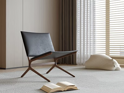 Modern Black Leather Leisure Chair With Wooden Legs And Open Book Near Window Blinds 3d model