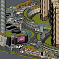 Modern Commercial Street with High Rise Buildings Pedestrian Walkways and Green Areas
