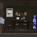 Stylish Dining Table Set In Modern Minimalist Dining Room With Arched Shelf And Decorative Painting