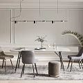 Elegant Modern Dining Table Set With White Tabletop Gray Chairs And Hanging Pendant Light 3d model