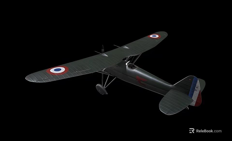 Vintage Biplane Fighter Plane With French Insignia And Gray Propeller Design Details 3d model 