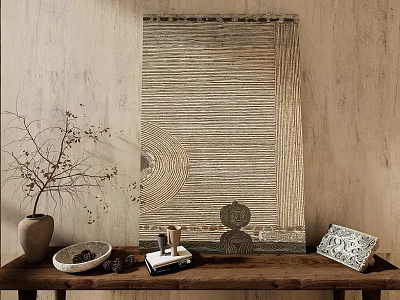 Elegant Interior With Striped Circular Decorative Painting And Wooden Table Ornaments 3d model