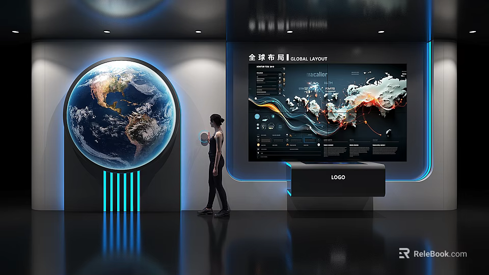 Modern Exhibition Hall With Globe Display Large Screen World Map Data Charts And Display Stand 3d model