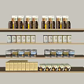 Organized Food Products Display On Wooden Shelves With Cans Bags And Jars