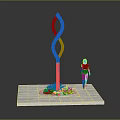 Blue Twisted Light Pole on White Square Base with Grass and Human Figure