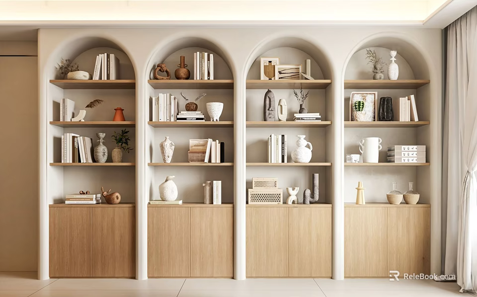 Modern Arched Wooden Bookcases Featuring Multiple Shelves Books Decorative Items And Storage 3d model 