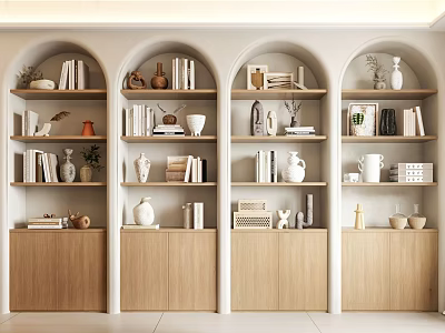 Modern Arched Wooden Bookcases Featuring Multiple Shelves Books Decorative Items And Storage 3d model