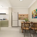 Dining Room With Wooden Dining Table Chairs Colorful Painting And White Kitchen Cabinets
